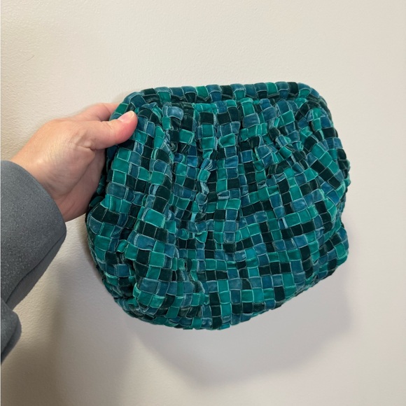 Anthropologie Velvet Woven Clutch Turquoise/Green  with Gold Chain - Picture 7 of 9